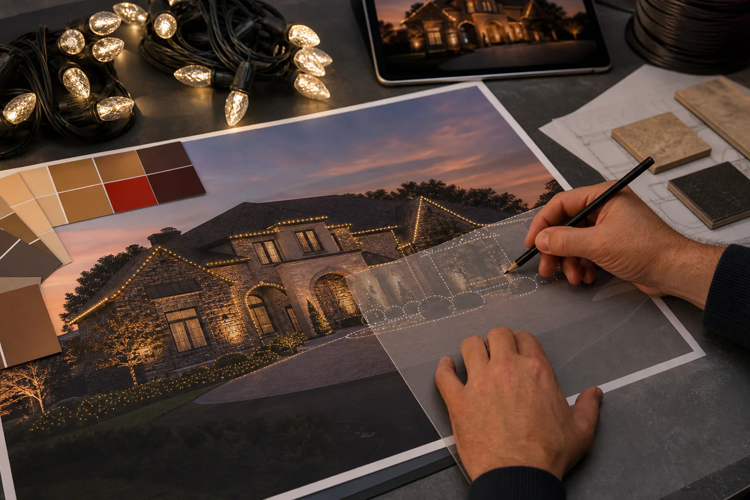 A designer drawing a custom lighting plan over a photograph of a home