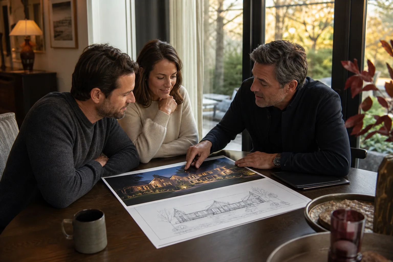 A lighting designer reviewing an illuminated home concept with homeowners