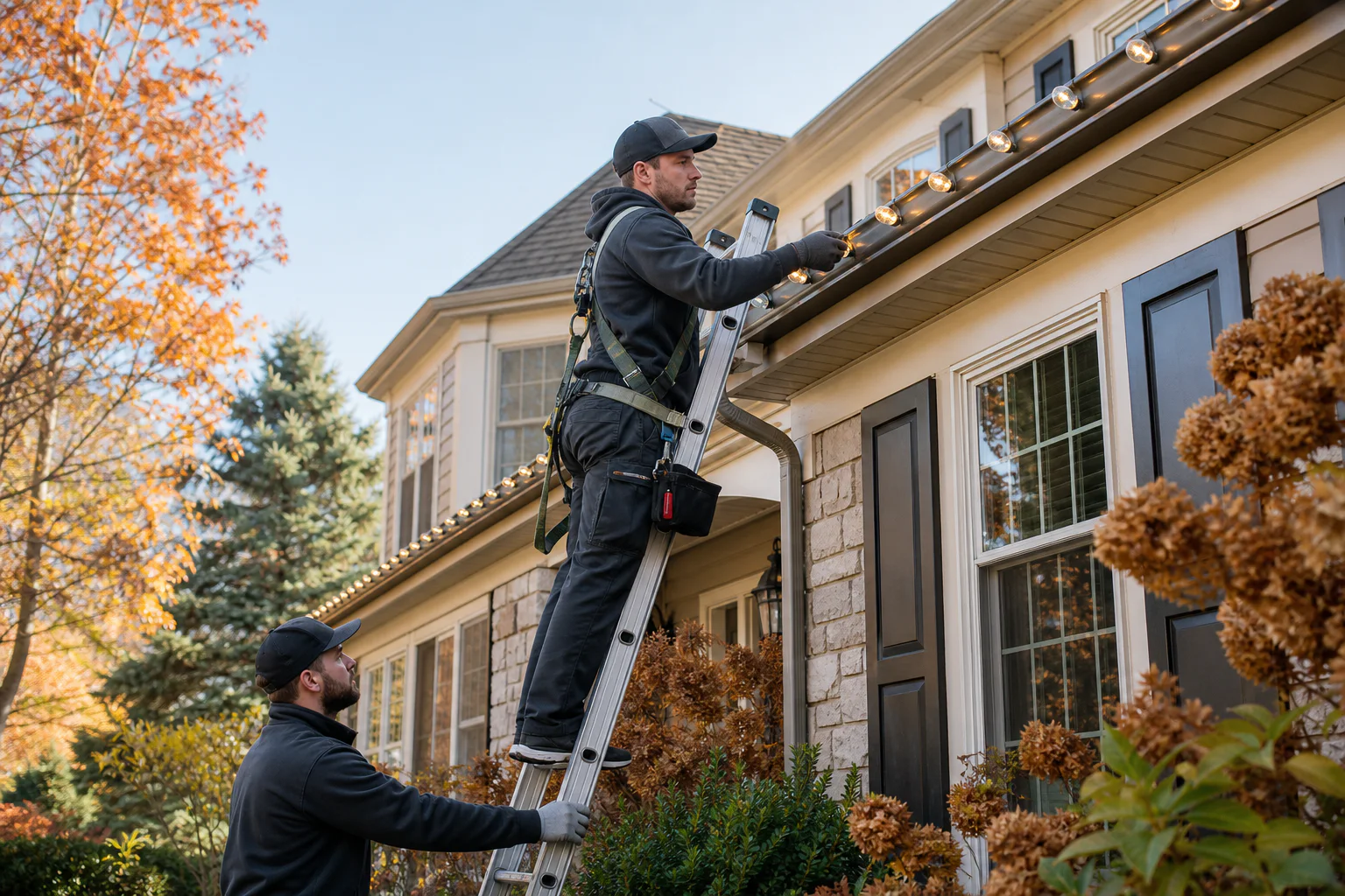 Two professional technicians safely installing warm white roofline lights