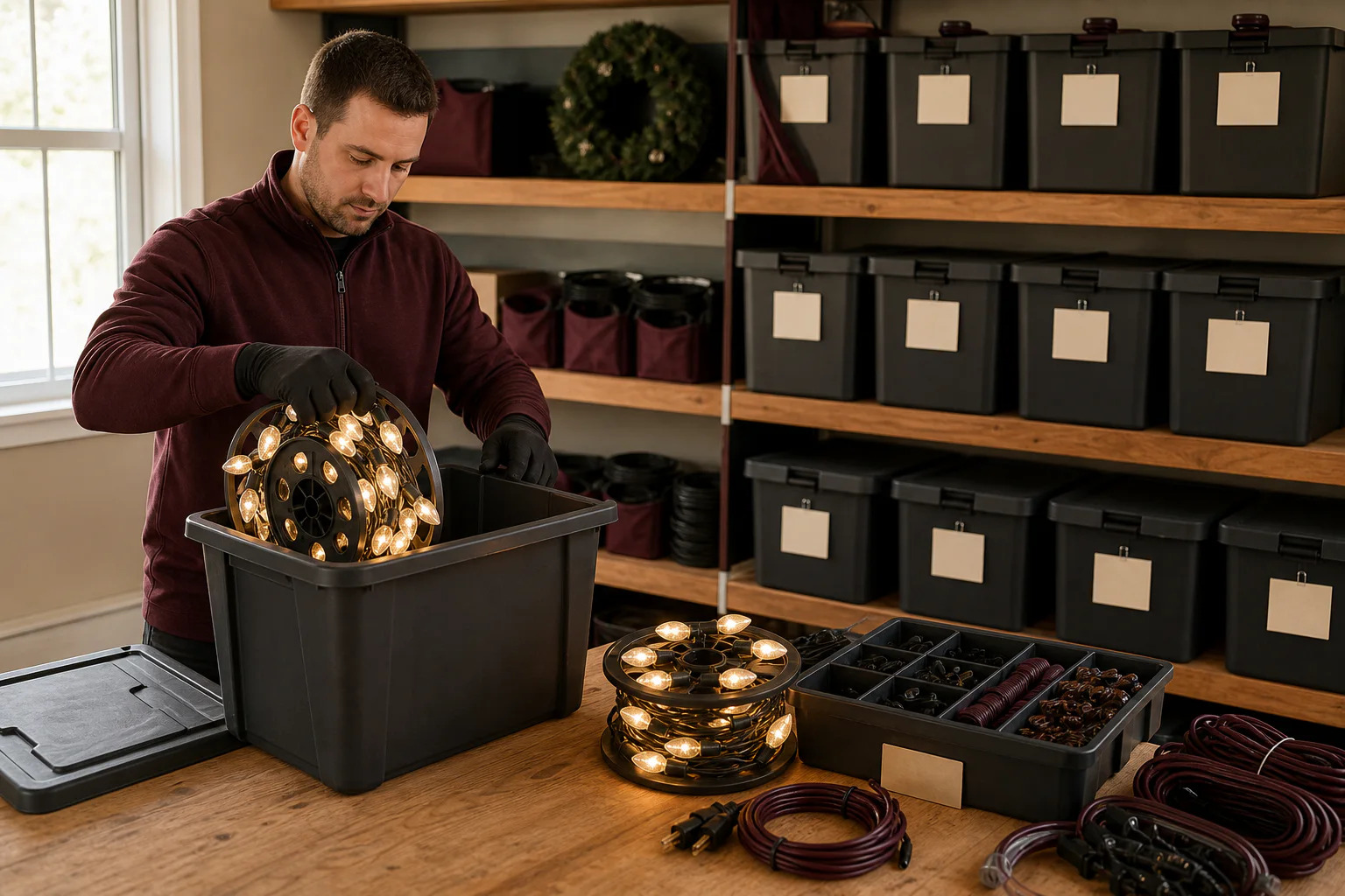 A technician carefully organizing holiday lights into labeled storage bins